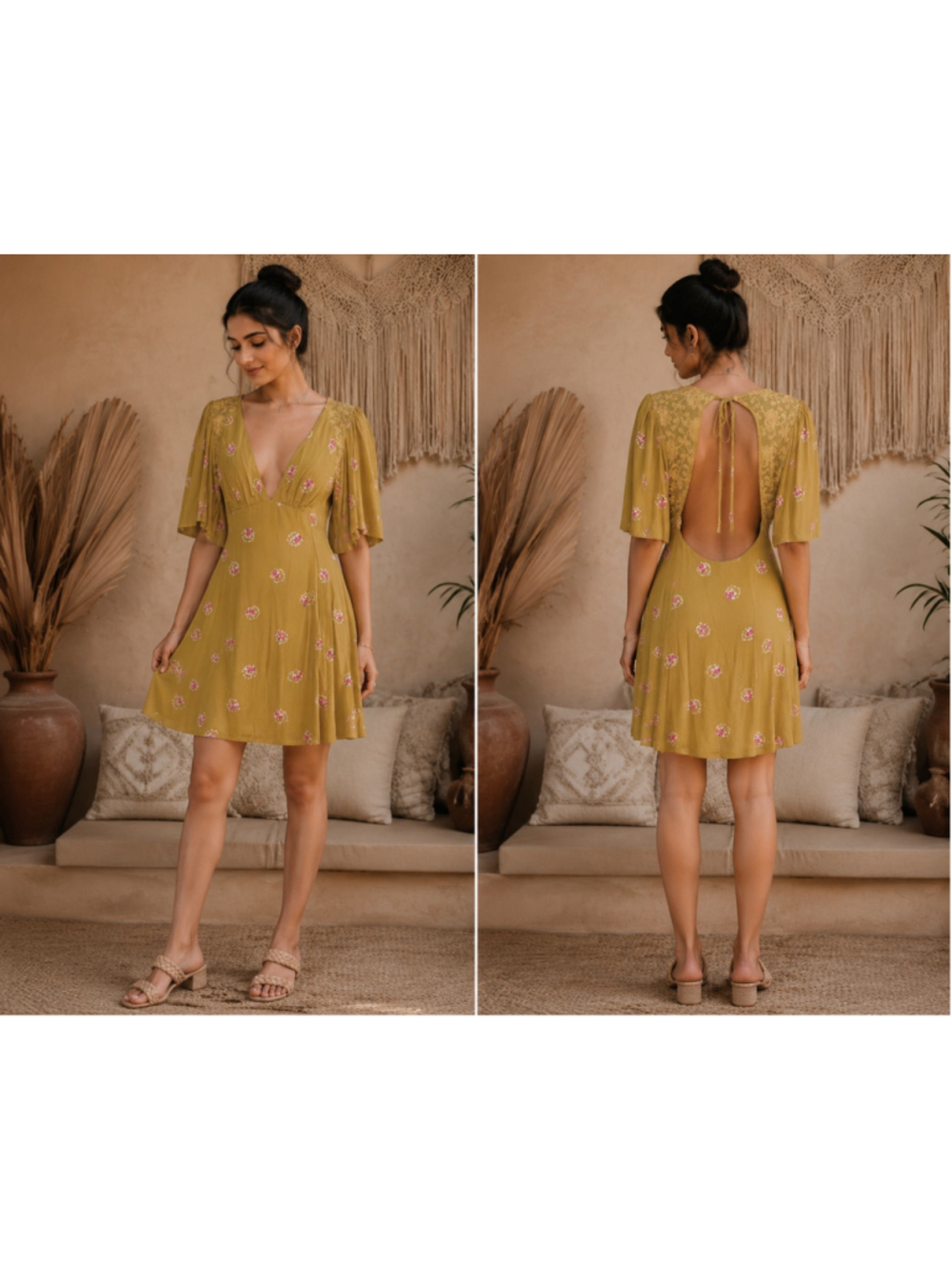 Free People Dress NWT Size 8 Brown Floral Open Back Mini Boho Flutter Sleeve